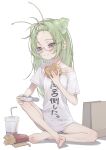  1girl absurdres antenna_hair bag bags_under_eyes bangs_pinned_back barefoot blush bow bowtie burger chewing closed_mouth collarbone commentary controller cup disposable_cup drinking_straw eating feet food forehead french_fries full_body game_controller glasses green_hair highres holding holding_burger holding_controller holding_food holding_game_controller long_hair mcdonald's original oversized_clothes oversized_shirt paper_bag pink_bow pink_bowtie semi-rimless_eyewear shirt short_sleeves simple_background single_bare_shoulder single_off_shoulder sitting snail_girl solo toes translated white_background white_shirt yoru_uyo 
