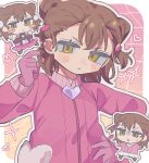  1girl black_bow black_bowtie blush_stickers bow bowtie brown_hair chibi coat commentary_request do_konjou_aigamo gloves hair_ornament hand_on_own_hip hand_up heart heart_hair_ornament highres jacket medalist_(manga) miketa_ryouka pink_coat pink_gloves pink_jacket pink_skirt skirt solo sparkle yellow_eyes 