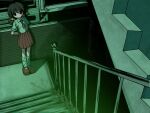  1girl arms_behind_back black_eyes black_hair collared_shirt dark from_above hashtag-only_commentary highres indoors kaai_yuki looking_at_viewer loose_socks low_twintails miniskirt necktie pleated_skirt red_necktie red_shoes red_skirt shirt shoes short_sleeves short_twintails skirt sn_(sn_utu00) socks solo stairs standing twintails vocaloid white_shirt white_socks wide_shot 