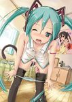  aqua_eyes aqua_hair bare_shoulders bedroom blush cat_tail drooling face female_ejaculation hachune_miku hatsune_miku highres indoors k-on! long_hair miu_(angelo_whitechoc) nakano_azusa one_eye_closed panties panty_pull poster_(object) pussy_juice saliva solo striped striped_panties tail tears thighhighs tissue_box twintails underwear undressing vibrator vocaloid vocaloid_(lat-type_ver) wet wet_clothes wet_panties wince 