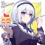  3girls :d ^_^ black_dress black_hairband black_jacket black_shirt black_shoes blue_bow blue_eyes blue_hair blush bow cake cake_slice character_request chibi closed_eyes closed_mouth collared_shirt commentary_request confetti dated dress dress_shirt fang food fork futaboshi_kirara futaboshi_subaru grey_hair hair_between_eyes hairband halftone halftone_background happy_birthday highres holding holding_fork holding_plate jacket loafers long_hair low_twintails multiple_girls party_popper pinafore_dress plate shirt shoes siblings sisters sleeveless sleeveless_dress smile socks sparkle standing standing_on_one_leg streamers t@ke-g twins twintails twitter_username two_side_up uta_no_princess-sama_back_to_the_idol very_long_hair white_background white_shirt white_socks yellow_background 