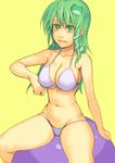  arm_support bad_id bad_pixiv_id bikini breasts cleavage frog green_eyes green_hair groin hair_ornament halterneck kochiya_sanae large_breasts long_hair navel simple_background sitting snake_hair_ornament solo swimsuit touhou underboob yellow_background yuuji_(and) 