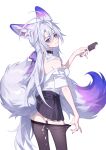  1girl absurdres animal_ear_fluff animal_ears black_pantyhose black_skirt blush bow breasts closed_mouth clothes_pull commentary_request covered_nipples cum cum_in_pussy cum_on_legwear cumdrip extra_ears fingernails food fox_ears fox_girl fox_tail from_behind grey_hair hair_between_eyes hair_bow hair_intakes highres holding holding_food holding_popsicle large_breasts large_tail long_hair looking_at_viewer looking_back luo_shun_yao meng_xi_xuan nail_polish no_bra no_panties off_shoulder original pantyhose pantyhose_pull popsicle purple_bow purple_eyes purple_nails pussy see-through_clothes see-through_skirt shirt shirt_tucked_in sidelocks simple_background skirt smile solo tail white_background white_shirt 