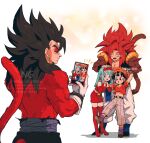  biceps blue_eyes blue_sash body_fur bra_(dragon_ball) dragon_ball dragon_ball_gt dragon_ball_heroes earrings gogeta gogeta_(xeno) grandfather_and_granddaughter highres jewelry metamoran_vest monkey_boy monkey_tail muscular muscular_male no_nipples pan_(dragon_ball) pants pectorals potara_earrings red_fur red_hair relio_db318 sash simple_background smile spiked_hair super_saiyan super_saiyan_4 tail vegetto vegetto_(xeno) veins veiny_hands white_pants 