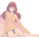  1girl akinbo_(hyouka_fuyou) amanogawa_kirara arm_support barefoot blue_panties bow bra_strap brown_eyes brown_hair collarbone earrings go!_princess_precure hair_bow hairband highres jewelry long_hair long_sleeves looking_to_the_side off_shoulder panties pink_bow pink_hairband precure shiny shiny_hair simple_background sitting solo star star_earrings sweater twintails underwear white_background yellow_sweater 