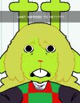 absurd_res anthro asepriterico blonde_hair checkered checkered_clothing checkered_topwear clothing deltarune disgusted_face english_text female fur green_body green_fur green_horn hair hi_res horn long_hair moss moss_fur noelle_holiday pattern_clothing pattern_topwear plant selfie solo text topwear undertale_(series)