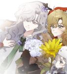  1boy 3girls avgust_(reverse:1999) black_gloves blonde_hair blue_eyes bouquet brown_coat coat collared_shirt commentary_request fang fang_out flower fur-trimmed_coat fur_hat fur_trim gloves green_necktie grey_hair grey_scarf hair_over_one_eye hand_up hat headscarf holding holding_bouquet holding_flower kiperina korean_commentary long_hair looking_to_the_side mole mole_under_mouth multiple_girls necktie purple_eyes red_headscarf reverse:1999 s2ds scarf shirt short_hair sunflower teacher_and_student ushanka vila_(reverse:1999) white_background white_flower white_hair white_shirt windsong_(reverse:1999) yellow_flower 