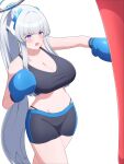  1girl absurdres bare_shoulders blue_archive blush boxing boxing_gloves breasts cleavage collarbone dookta gym_shorts halo highres large_breasts mechanical_halo noa_(blue_archive) open_mouth ponytail purple_eyes shorts solo white_hair 