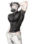  1boy arm_behind_head arm_up black_hair black_shirt collarbone commentary_request compression_shirt covered_abs covered_pectorals gas_mask hand_in_pocket highres kaijuu_no._8 korean_commentary male_focus mask midriff_peek multicolored_hair narumi_gen pants pectorals pink_eyes sagu_(9133t) shirt short_hair simple_background solo toned toned_male two-tone_hair white_background white_hair white_pants 