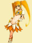  boots bow breasts choker crop_top cure_sunshine elenab groin heartcatch_precure! highres knee_boots long_hair magical_girl midriff myoudouin_itsuki navel orange_bow orange_choker precure small_breasts solo twintails underboob yellow_bow 