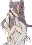  2boys ahoge amana_raika bare_legs barefoot black_hair black_hanfu blush brown_hair carrying carrying_person chinese_clothes closed_eyes commentary_request couple ear_blush hair_bun hanfu highres hug implied_kiss kiss lan_wangji leg_lock long_hair male_focus modao_zushi multiple_boys ponytail robe sidelocks simple_background sketch topknot very_long_hair wei_wuxian white_background white_hanfu wide_sleeves xiao_guan_(headdress) yaoi 