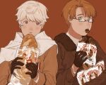  2boys ahoge america_(hetalia) american_flag american_flag_print axis_powers_hetalia bag black-framed_eyewear blush bread brown_background brown_coat brown_gloves brown_hair brown_jacket coat collared_shirt commentary_request eating flag_print food food_on_face fur-trimmed_jacket fur_trim glasses gloves green_eyes green_necktie hands_up holding holding_bag holding_food jacket lapels long_sleeves looking_at_another male_focus medal military military_jacket military_uniform morikusu_01 multiple_boys necktie open_clothes open_jacket open_mouth pastry plastic_bag puffy_long_sleeves puffy_sleeves purple_eyes russia_(hetalia) scarf semi-rimless_eyewear shirt short_hair simple_background star_ornament teeth upper_body white_hair white_scarf white_shirt 