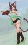  1girl :q absurdres animal_ears bangle bare_shoulders black_panties black_shorts boots bracelet breasts brown_boots brown_hair camisole cat_ears cat_girl cat_tail cherry_tomato commentary_request detached_sleeves flower_hairband food full_body fur_collar gold_bangle gold_thighlet green_camisole halterneck hand_to_own_mouth highleg highleg_panties highres holding holding_plate jewelry looking_at_viewer meat medium_breasts midriff navel original panties panty_straps plate salad short_hair short_shorts shorts sl10_d stomach tail thighlet tomato tongue tongue_out underwear wide_sleeves wooden_plate 