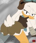 all_fours anatid anseriform anthro avian beak bedroom_eyes bird bottomwear butt camel_toe clothing della_duck digital_media_(artwork) disney duck ducktales ducktales_(2017) eyewear eyewear_on_head female goggles goggles_on_head hair half-closed_eyes hi_res ladycherrybomba looking_back narrowed_eyes prosthetic prosthetic_leg prosthetic_limb seductive smile solo tail topwear torn_bottomwear torn_clothing