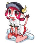  :d baseball_jersey buffalo_bell clothes_writing gloves hat horns mascot muramasa_mikado nippon_professional_baseball open_mouth orix_buffaloes pink_hair pleated_skirt pointy_ears red_eyes short_hair simple_background sitting skirt smile solo tail wariza 