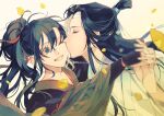  2boys ahoge amana_raika bishounen black_eyes black_hair black_hanfu blurry chinese_clothes closed_eyes commentary_request couple eyelashes falling_petals grin hair_between_eyes hair_ribbon hanfu headband high_ponytail holding_hands interlocked_fingers kiss kissing_cheek lan_wangji long_hair long_sleeves looking_at_another male_focus modao_zushi multiple_boys one_eye_closed petals ponytail red_ribbon ribbon robe sidelocks simple_background smile topknot twitter_username upper_body wei_wuxian white_background white_hanfu white_headband wide_sleeves xiao_guan_(headdress) yaoi yellow_petals 