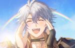  1boy absurdres armor arms_up black_choker black_gloves blue_sky choker closed_eyes collared_shirt commentary_request fingerless_gloves gloves highres honkai:_star_rail honkai_(series) male_focus neck_tattoo open_mouth pauldrons phainon_(honkai:_star_rail) rainbow shirt shoulder_armor single_glove sky smile solo sun_symbol sun_tattoo tattoo teeth upper_teeth_only zassyoku_dd 
