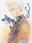  agahari animal animal_on_shoulder ao_no_exorcist beard cat facial_hair fujimoto_shirou glasses grey_hair jewelry kuro_(ao_no_exorcist) male_focus multiple_tails necklace red_eyes solo tail traditional_media 