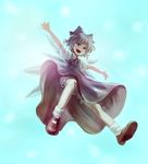  blue_eyes blue_hair bow cirno flying hair_bow highres konowa mary_janes open_mouth outstretched_arms ribbon shoes short_hair socks solo touhou wings 