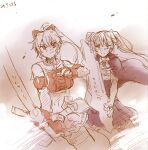  2girls ahoge assault_lily belt blue_cloak blue_skirt breasts brown_background cloak closed_mouth collared_shirt commentary_request covered_navel cowboy_shot crossed_bangs elbow_gloves fingerless_gloves floating_cape frilled_skirt frills gloves gradient_background hair_between_eyes hair_ribbon hand_up high_ponytail hishida_haru holding holding_sword holding_weapon kondou_misaka long_hair looking_at_viewer medium_breasts miniskirt multiple_girls neck_ribbon necktie odaiba_girls_high_school_uniform partially_colored ponytail red_eyes red_gloves red_shirt red_skirt ribbon sailor_collar santouka school_uniform shirt skirt sleeveless sleeveless_shirt smirk standing sword thigh_strap translation_request twintails two-tone_background v-shaped_eyebrows weapon white_background yellow_eyes 