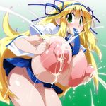  1girl areolae blonde_hair blush breasts erect_nipples female gigantic_breasts green_eyes huge_breasts huge_nipples katsuragi_(senran_kagura) lactation large_areolae long_hair milk milking nipples no_panties puffy_nipples semahiro semiharo senran_kagura senran_kagura_(series) skirt solo thighs very_long_hair 