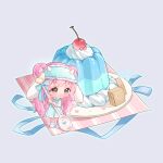  1girl :o animal_ears animal_slippers ankle_socks aqua_outline artist_name blue_bow blue_dress blue_mask blue_ribbon blush bow brown_eyes cherry chibi chinese_commentary collared_dress commentary_request double_bun dream-weaving_lamb_(shining_nikki) dress eyelashes fake_animal_ears food frills fruit gelatin grey_background hair_bun heart highres holding holding_spoon horned_mask horns lanlan_zhi_jiabing light_particles long_hair long_sleeves looking_to_the_side mask mask_on_head messy_hair napkin nikki_(nikki) nikki_(series) outline oversized_food oversized_object parted_lips pink_hair plate pleated_dress polka_dot polka_dot_dress ribbon sheep_ears sheep_horns shining_nikki simple_background sleep_mask slippers small_horns socks solo spoon standing tareme very_long_hair wafer whipped_cream white_horns white_slippers white_socks 