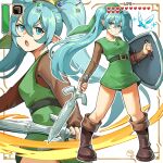  1girl aqua_eyes aqua_hair artist_logo belt boots brown_boots commentary cosplay english_commentary fire green_hat green_tunic hat hatsune_miku heart highres holding holding_shield holding_sword holding_weapon link link_(cosplay) lo_kyu logo long_hair multiple_views navi pointy_ears shield standing sword the_legend_of_zelda the_legend_of_zelda:_a_link_to_the_past the_legend_of_zelda:_ocarina_of_time triforce tunic twintails user_interface vocaloid weapon 