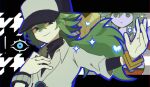  1boy 1l6wpwihya38112 arms_up baseball_cap bracelet child closed_mouth collared_shirt crossed_bangs dot_nose eye_symbol green_eyes green_hair hashtag-only_commentary hat heart highres jewelry layered_clothes letterboxed long_hair long_sleeves male_focus multiple_views n_(pokemon) necklace ooparts_(vocaloid) outstretched_arm parted_lips pokemon pokemon_bw shirt smile sparkle turtleneck wing_collar 
