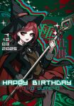  1girl :3 arrow_(symbol) black_hat black_ribbon blush brown_vest cape character_name collared_shirt commentary_request danganronpa_(series) danganronpa_v3:_killing_harmony dated english_text eyelashes grey_pantyhose hair_ornament happy_birthday hat highres holding holding_staff neck_ribbon nota_sayaka open_mouth pantyhose red_eyes red_hair red_skirt ribbon shirt short_hair skirt smile solo staff vest witch_hat yumeno_himiko 