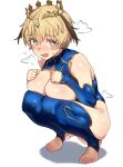  1girl absurdres alternate_breast_size_(larger) artoria_pendragon_(fate) artoria_pendragon_(lancer)_(fate) artoria_pendragon_(lancer)_(fate)_(cosplay) blonde_hair blue_sleeves blue_thighhighs blush blush_stickers breasts commentary cosplay crown detached_sleeves ebora embarrassed english_commentary fate/grand_order fate_(series) feet full_body gareth_(fate) green_eyes hair_between_eyes hair_flaps highres huge_breasts looking_at_viewer multicolored_hair no_shoes short_hair solo squatting stirrup_legwear thighhighs toeless_legwear toenails toes two-tone_hair white_background 