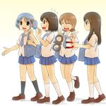  aioi_yuuko bag blue_eyes blue_hair bob_cut brown_eyes brown_hair double_v glasses hair_cubes hair_ornament highres long_hair magnet minakami_mai multiple_girls naganohara_mio nichijou okiami2009 profile school_bag school_uniform shinonome_nano short_hair short_twintails skirt tokisadame_school_uniform twintails v winding_key 