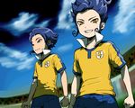  blue_hair brothers grin inazuma_eleven_(series) inazuma_eleven_go jjjjjj lightning_bolt male_focus mole multiple_boys popped_collar raimon raimon_soccer_uniform siblings sky smile soccer_uniform sportswear tsurugi_kyousuke tsurugi_yuuichi yellow_eyes 