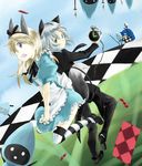  alice_(wonderland) alice_(wonderland)_(cosplay) alice_in_wonderland animal_ears apron blonde_hair bow card cat_ears cat_tail cosplay dress eila_ilmatar_juutilainen falling_card formal fox_ears fox_tail green_eyes haruichi_(sazanami_complex) long_hair multiple_girls necktie open_mouth pocket_watch polearm purple_eyes sanya_v_litvyak short_hair silver_hair spear strike_witches striped striped_legwear suit tail thighhighs tonttu watch weapon world_witches_series 