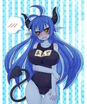  ahoge asmodeus_(shinrabanshou) black_sclera blue_hair blue_skin blush breasts demon_girl demon_tail fangs horns impossible_clothes impossible_swimsuit large_breasts long_hair naderu_(yaminean) one-piece_swimsuit pointy_ears school_swimsuit shinrabanshou solo speech_bubble succubus swimsuit tail wings yellow_eyes 