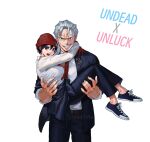  1boy 1girl andy_(undead_unluck) beanie belt black_pants black_shirt blue_eyes breasts carrying clothes_around_waist commentary_request couple ducktoma feet_out_of_frame full_body gloves hat highres izumo_fuuko korean_commentary long_sleeves muscular muscular_male necktie no_eyebrows pants princess_carry red_eyes red_gloves red_necktie scar scar_on_face shirt shoes short_hair simple_background smile sneakers undead_unluck union_emblem_(undead_unluck) white_hair white_shirt 