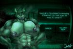 2025 abs anthro big_chest big_nipples bite black_eyebrows black_nose bodily_fluids canid canine canis cheek_tuft dark_wolf dialogue_box digital_drawing_(artwork) digital_media_(artwork) ear_piercing english_description english_text eyebrows facial_tuft green_eyes half-closed_eyes hi_res male mammal muscular muscular_anthro muscular_arms muscular_male narrowed_eyes nipples no_i'm_not_a_human notched_ear nude_anthro nude_male piercing pubes question_mark solo sweat sweaty_body text tongue tongue_bite tongue_out tuft wolf
