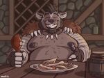 2025 5_fingers anthro artist_name belly big_belly black_facial_hair black_goatee black_hair brown_body brown_fur cape charlie_(nanoff) clothing colored container cup date date_pov dated digital_drawing_(artwork) digital_media_(artwork) drumstick_(food) drumstick_(poultry) eating eating_food english_description eyes_closed facial_hair fingerless_gloves fingers first_person_view fur fur_cape fur_clothing furniture gloves gnoll goatee hair hand_on_belly handwear happy hi_res hyena male male_anthro mammal mohawk moobs mug nanoff nipples overweight overweight_anthro overweight_male plate sideburns solo speed_dating story story_in_description striped_body striped_fur stripes table tavern text tooth_necklace toothy_grin wood wood_furniture wood_table