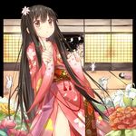  alternate_costume animal_ears bell black_hair brown_eyes bunny bunny_ears efe flower hair_flower hair_ornament houraisan_kaguya japanese_clothes jingle_bell kimono long_hair obi pinching_sleeves sash sleeves_past_wrists solo sweatdrop tassel tatami teruyof touhou very_long_hair yukkuri_shiteitte_ne 