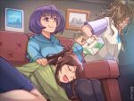  3girls alternate_costume blue_shirt brown_hair character_request couch drooling female_admiral_(kancolle) green_shirt hashtag-only_commentary kantai_collection lexington_(kancolle) multiple_girls nwr ponytail purple_eyes purple_hair saratoga_(kancolle) shirt short_hair sleeping tissue_box 