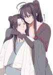  2boys ahoge amana_raika black_bridal_gauntlets black_eyes black_hair black_hanfu blue_sash bridal_gauntlets brown_hair chinese_clothes closed_mouth collarbone commentary_request couple grey_eyes hand_on_another's_chin hanfu headband highres hug hug_from_behind lan_wangji long_hair long_sleeves looking_at_another male_focus modao_zushi multiple_boys parted_lips pectoral_cleavage pectorals ponytail robe sash sidelocks simple_background sleeves_past_wrists smile topknot wei_wuxian white_background white_hanfu white_headband wide_sleeves yaoi yellow_eyes 