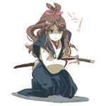  aqua_eyes blue_hakama brown_hair frown hakama japanese_clothes katana long_hair long_sleeves pokemon pokemon_(game) pokemon_bw ponytail ready_to_draw sheath sheathed shuri_(84k) sidelocks simple_background solo squatting sword touko_(pokemon) weapon white_background 