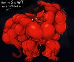 abs anthro biceps big_muscles bodily_fluids bulge cigar clothing cowboy_hat demon english_text fur genitals gremile_'hotshot' hair hat headgear headwear hi_res horn huge_muscles hyper hyper_muscles imp kings_of_hell male muscular muscular_anthro muscular_male nipples open_mouth pecs red_body red_eyes red_fur simple_background solo sweat tail text vein vezerem yellow_sclera