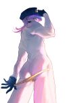  1boy absurdres ass back black_gloves blue_eyes commentary_request from_behind from_below gloves hat highres male_focus panties panty_&amp;_stocking_with_garterbelt panty_pull pink_hair polyurethane_(psg) ray5green simple_background solo standing thighs toned toned_male underwear veins veiny_arms white_background yellow_panties 