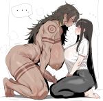  ... 2girls arm_tattoo asymmetrical_docking barefoot black_leggings blush breast_press breasts clothed_female_nude_female commentary_request completely_nude dark-skinned_female dark_skin erection from_side futa_with_female futanari highres huge_breasts huge_penis kneeling korean_commentary leg_tattoo leggings long_hair looking_at_another multiple_girls nipples nude original penis precum shirt short_sleeves sitting spoken_ellipsis tattoo uncensored veins veiny_penis white_shirt xipa 