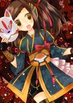  akuya-azami armor bow brown_eyes brown_hair fox_mask hair_ornament hair_ribbon hairclip japanese_clothes kaburagi_kaede mask ribbon side_ponytail smile solo tiger_&amp;_bunny 