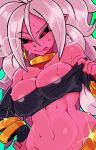  1girl android_21 black_sclera bracelet breasts cleavage clothes_pull colored_sclera colored_skin commentary crop_top detached_sleeves dragon_ball dragon_ball_fighterz earrings english_commentary highres hoop_earrings jewelry large_breasts long_hair majin_android_21 midriff pic-kle pink_skin pointy_ears red_eyes simple_background solo tongue tongue_out white_hair 