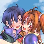  1boy 1girl antenna_hair armor black_hair brown_hair couple cropped_jacket curtained_hair eiyuu_densetsu estelle_bright falcom fingerless_gloves gloves hair_intakes highres joshua_bright looking_at_viewer open_mouth pauldrons shoulder_armor sora_no_kiseki twintails 