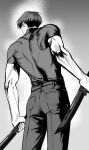  1boy ass belt commentary_request compression_shirt deukdo from_behind greyscale highres holding holding_weapon hoshina_soshiro kaijuu_no._8 korean_commentary male_focus monochrome pants short_hair solo standing toned toned_male weapon 