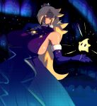  1girl 1other :o aurora bare_shoulders blonde_hair blue_dress blue_eyes breasts brooch commentary dark dress earrings elbow_gloves frills from_below fur_trim gloves glowing gradient_clothes gradient_dress hair_over_one_eye halftone halterneck hand_on_own_chest high_contrast highres huge_breasts jewelry long_hair looking_at_viewer luma_(mario) mario_(series) night night_sky piku184 purple_dress pursed_lips rosalina sagging_breasts sideboob silver_crown sky star_(sky) star_(symbol) star_brooch star_earrings super_mario_galaxy thick_lips 