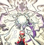  1boy adjusting_clothes adjusting_headwear backwards_hat baseball_cap black_hair black_shirt electricity energy_ball foreshortening hand_on_headwear hands_up hat hat_over_one_eye highres jacket male_focus mewtwo open_clothes open_jacket outstretched_arms pokemon pokemon_(creature) pokemon_focus pokemon_rgby powering_up red_(pokemon) red_hat red_jacket seijun shirt short_hair short_sleeves smile spiked_hair white_sleeves 